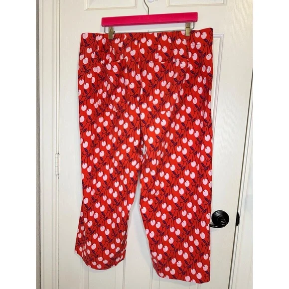 Anthro Maeve Red Pink Cherry Print The Colette High Rise Wide Leg Pant Sz 18W - Picture 4 of 10